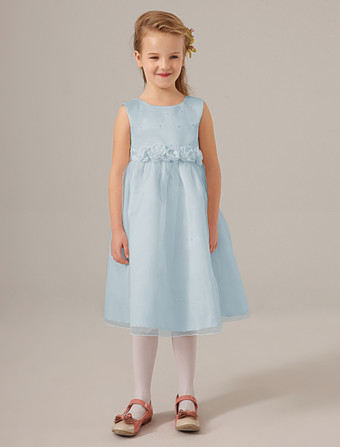 Agua azulVestido para las damitas de tul con escote redondo y adorno arrugado