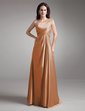 Marrone Abito per la madre della sposa champagne in satin elastico con perline a terra Abiti per Ospiti di Matrimonio