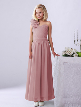 Vieux RoseRobe de fille de fleur robe cortège enfant verte en chiffon bustier à une épaule zip sur dos longueur cheville