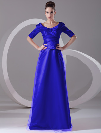 ロイヤルブルーイブニングドレス Vネック プロムドレス ボールガウンライン パーティードレス レッド サテン ファスナー ロング丈 五分袖 フォーマルドレス 演奏会ドレス 結婚式 二次会ドレス 発表会 ナチュラルウェストライン ウェディング ティアード