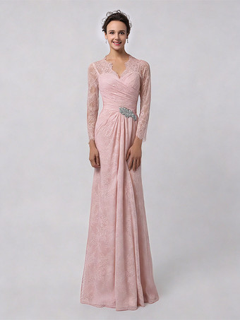 Vieux RoseRobe de mère de mariée manche longue transparente au sol robe de cocktail de mariage