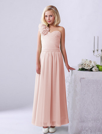 rougeâtreRobe de fille de fleur robe cortège enfant verte en chiffon bustier à une épaule zip sur dos longueur cheville