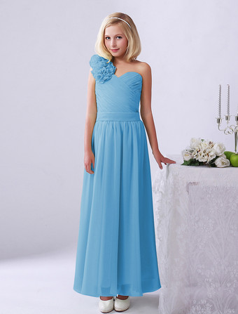 Bleu ClairRobe de fille de fleur robe cortège enfant verte en chiffon bustier à une épaule zip sur dos longueur cheville