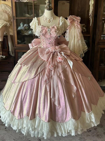 妖精のロリータドレス ブルーのリボンと花のフリルのロングレースのロリータドレス