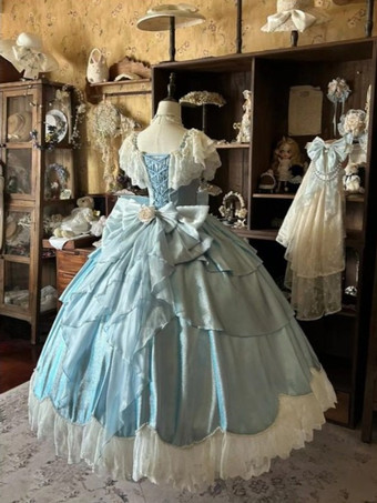 妖精のロリータドレス ブルーのリボンと花のフリルのロングレースのロリータドレス