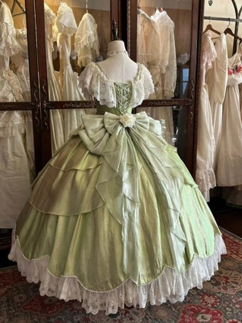 妖精のロリータドレス ブルーのリボンと花のフリルのロングレースのロリータドレス