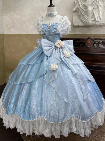 妖精のロリータドレス ブルーのリボンと花のフリルのロングレースのロリータドレス