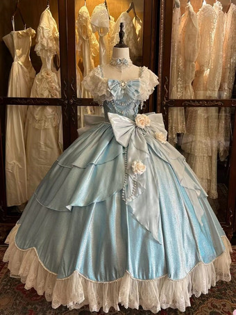 ブルー 妖精のロリータドレス ブルーのリボンと花のフリルのロングレースのロリータドレス