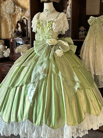 グリーン 妖精のロリータドレス ブルーのリボンと花のフリルのロングレースのロリータドレス