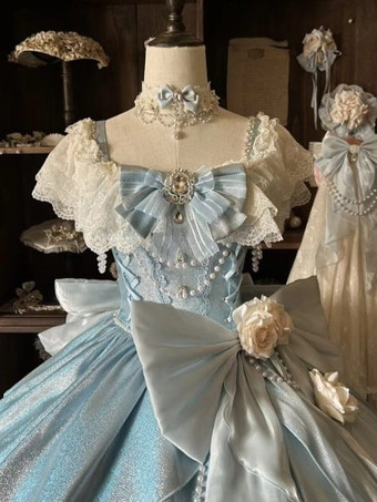 妖精のロリータドレス ブルーのリボンと花のフリルのロングレースのロリータドレス