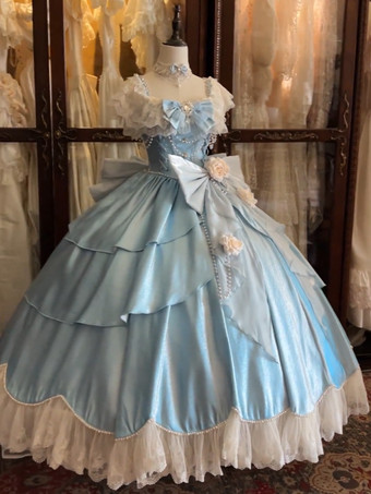 妖精のロリータドレス ブルーのリボンと花のフリルのロングレースのロリータドレス