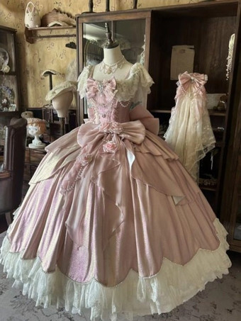 妖精のロリータドレス ブルーのリボンと花のフリルのロングレースのロリータドレス