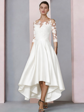 elfenbeinfarbeBrautmutterkleid mit Rundhalsausschnitt 3/4-Ärmel A-Linie Spitze wadenlang Gästekleider für die Hochzeit