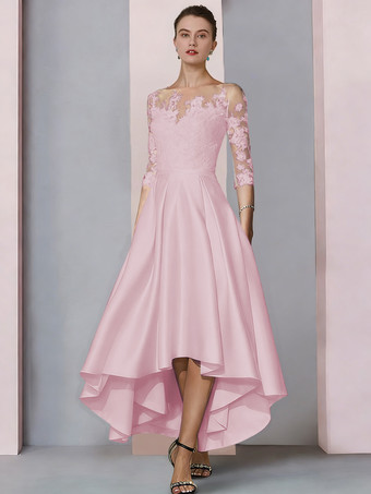 Schweinchen RosaBrautmutterkleid mit Rundhalsausschnitt 3/4-Ärmel A-Linie Spitze wadenlang Gästekleider für die Hochzeit