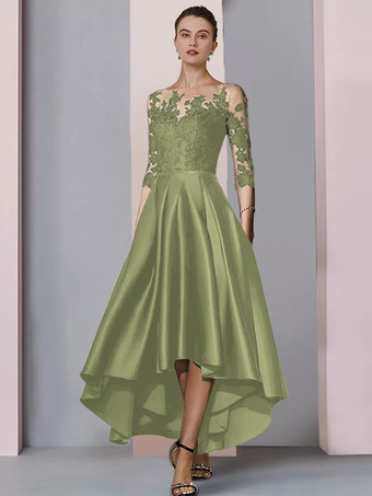 Salbeigrün      Brautmutterkleid mit Rundhalsausschnitt 3/4-Ärmel A-Linie Spitze wadenlang Gästekleider für die Hochzeit