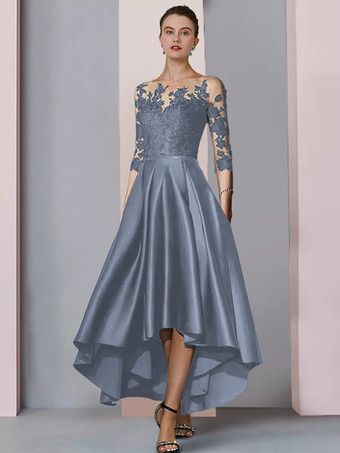 Graublau Brautmutterkleid mit Rundhalsausschnitt 3/4-Ärmel A-Linie Spitze wadenlang Gästekleider für die Hochzeit