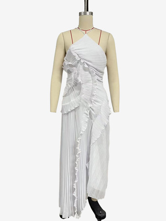 ホルターネックのフリル付きシフォンマキシドレス（イレギュラーヘム）2026年スペシャルイベント向け