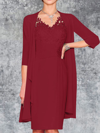 バーガンディーマザードレス Vネック ノースリーブ シース レース 膝丈 ゲストドレス 結婚式用 無料カスタマイズ