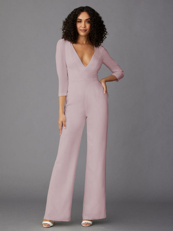 サーモンピンクパーティードレス 花嫁の母用 Vネック 長袖 ジャンプスーツ 結婚式のゲストドレス