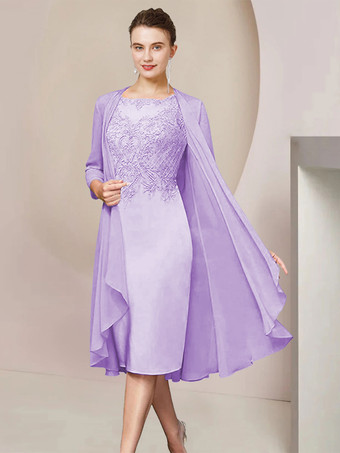 ラベンダーパーティードレス花嫁の母のためのジュエルネック半袖 A ラインレースティーレングスゲストドレス結婚式のための無料カスタマイズ