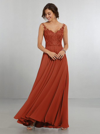 Rosso MattoneAbito da damigella d'onore Abito da cerimonia nuziale a trapezio in chiffon lungo fino al pavimento