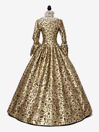 プリンセス 女性用 貴族ドレス 中世 ドレス ゴールド 長袖 ポリエステル 綿じゅす ダンスパーティー チョーカー ドレス ヴィンテージ 中世 ドレス・貴族ドレス ヨーロッパ　宮廷風 レトロコスチューム コスチューム コスチューム