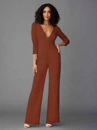 ブリックレッドパーティードレス 花嫁の母用 Vネック 長袖 ジャンプスーツ 結婚式のゲストドレス