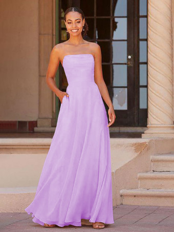 ラベンダーブライドメイドドレス A ライン床長さのジッパー シフォン プロムドレス無料カスタマイズ