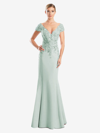 ミントグリーンマザードレス Vネック 半袖 マーメイドレース ゲストドレス 結婚式用