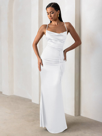 ホワイトブライズメイドドレス シース床長さのジッパーサテン生地のフォーマルガウン