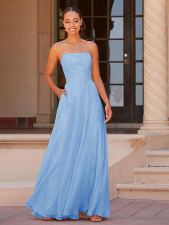ベビーブルーブライドメイドドレス A ライン床長さのジッパー シフォン プロムドレス無料カスタマイズ