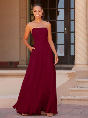 バーガンディーブライドメイドドレス A ライン床長さのジッパー シフォン プロムドレス無料カスタマイズ