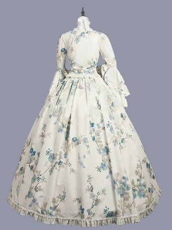 ホワイト レトロ コスチューム 弓 ポリエステル 花柄 マリー アントワネット コスチューム ドレス 女性用 レトロ チュニック 仮面舞踏会 夜会服