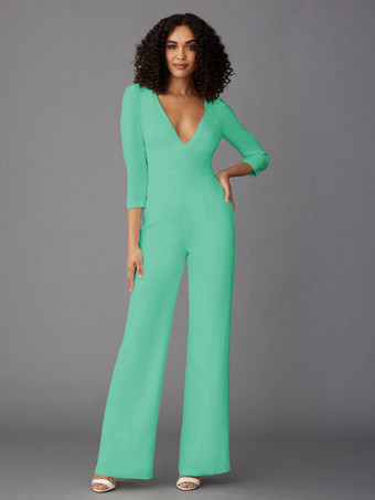 ミントグリーンパーティードレス 花嫁の母用 Vネック 長袖 ジャンプスーツ 結婚式のゲストドレス