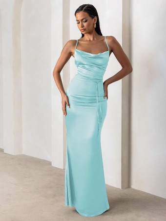 ベビーブルーブライズメイドドレス シース床長さのジッパーサテン生地のフォーマルガウン