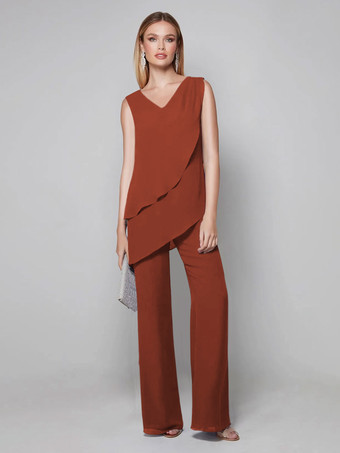 ブリックレッドパーティードレス 花嫁の母用 Vネック ノースリーブ ジャンプスーツ 床までの長さのゲストドレス 結婚式用