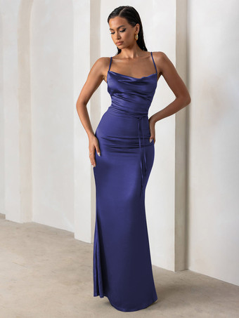 ダークネイビーブライズメイドドレス シース床長さのジッパーサテン生地のフォーマルガウン