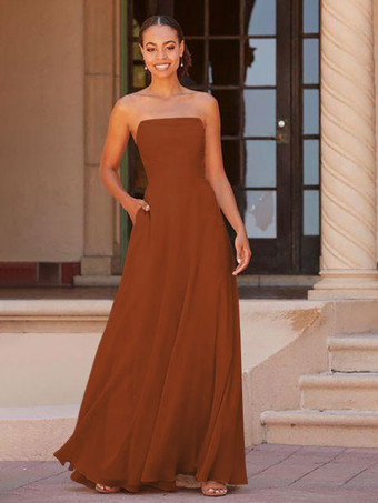 ブリックレッドブライドメイドドレス A ライン床長さのジッパー シフォン プロムドレス無料カスタマイズ