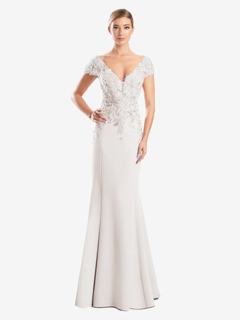 アイボリーマザードレス Vネック 半袖 マーメイドレース ゲストドレス 結婚式用