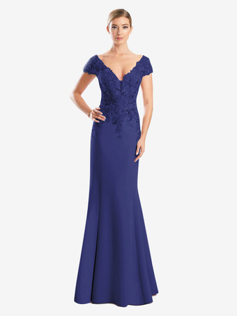 スレートグレー マザードレス Vネック 半袖 マーメイドレース ゲストドレス 結婚式用