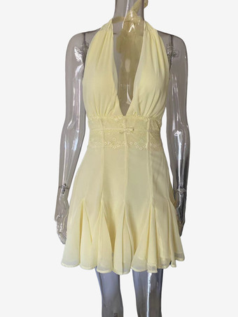 Mini abito da festa in chiffon plissettato con scollo a V profondo e pizzo per donna 2026