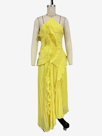 ホルターネックのフリル付きシフォンマキシドレス（イレギュラーヘム）2026年スペシャルイベント向け