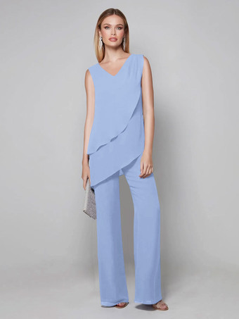 ベビーブルーパーティードレス 花嫁の母用 Vネック ノースリーブ ジャンプスーツ 床までの長さのゲストドレス 結婚式用