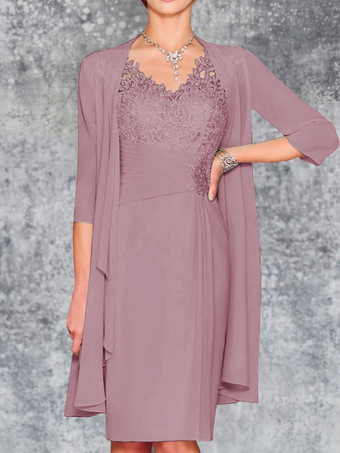 カメオピンクマザードレス Vネック ノースリーブ シース レース 膝丈 ゲストドレス 結婚式用 無料カスタマイズ