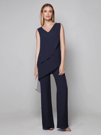 ダークネイビーパーティードレス 花嫁の母用 Vネック ノースリーブ ジャンプスーツ 床までの長さのゲストドレス 結婚式用