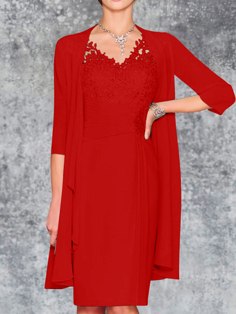 レッド マザードレス Vネック ノースリーブ シース レース 膝丈 ゲストドレス 結婚式用 無料カスタマイズ