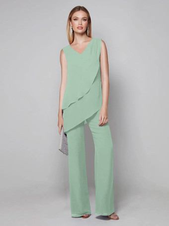 パステルグリーンパーティードレス 花嫁の母用 Vネック ノースリーブ ジャンプスーツ 床までの長さのゲストドレス 結婚式用