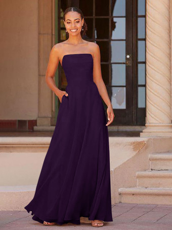 プラムブライドメイドドレス A ライン床長さのジッパー シフォン プロムドレス無料カスタマイズ