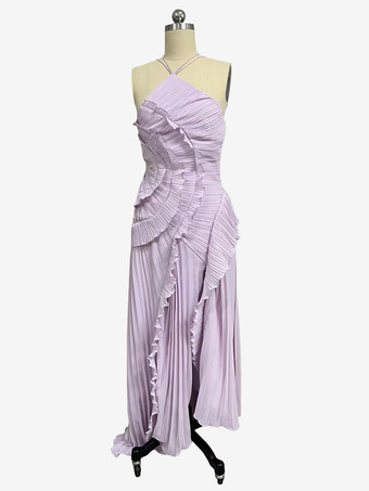 ホルターネックのフリル付きシフォンマキシドレス（イレギュラーヘム）2026年スペシャルイベント向け