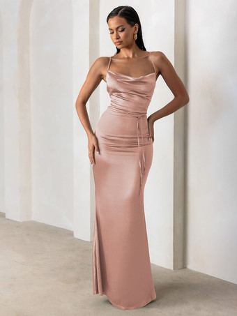 ダークピンクブライズメイドドレス シース床長さのジッパーサテン生地のフォーマルガウン